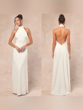 Lulus Alaura White Backless Halter Maxi Dress L Wedding Bridal Party Formal Prom